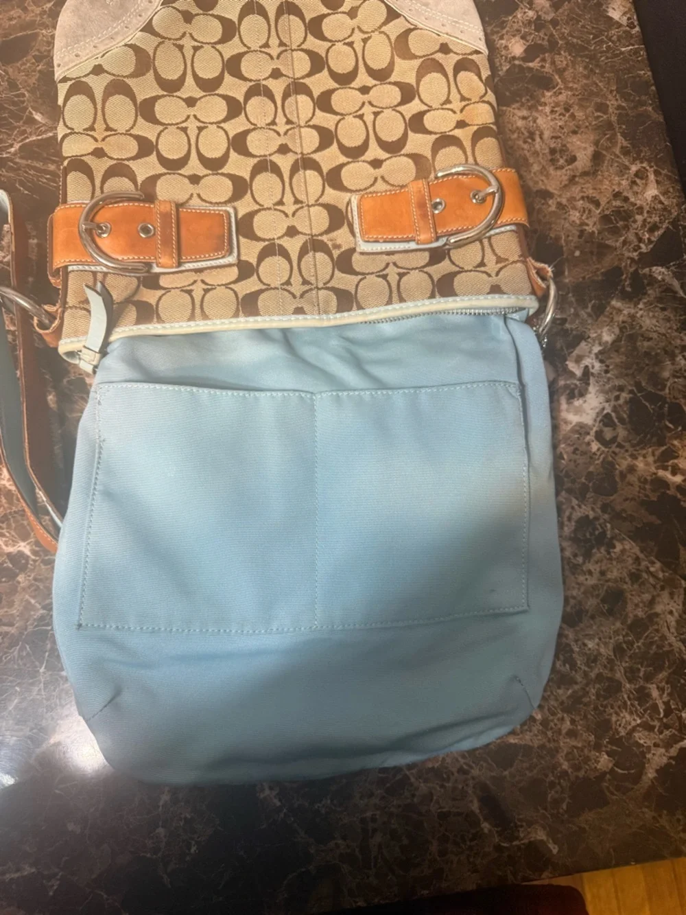 Coach Soho Signature Shoulder Bag Y2K 2006 Buckle Canvas Blue Trim